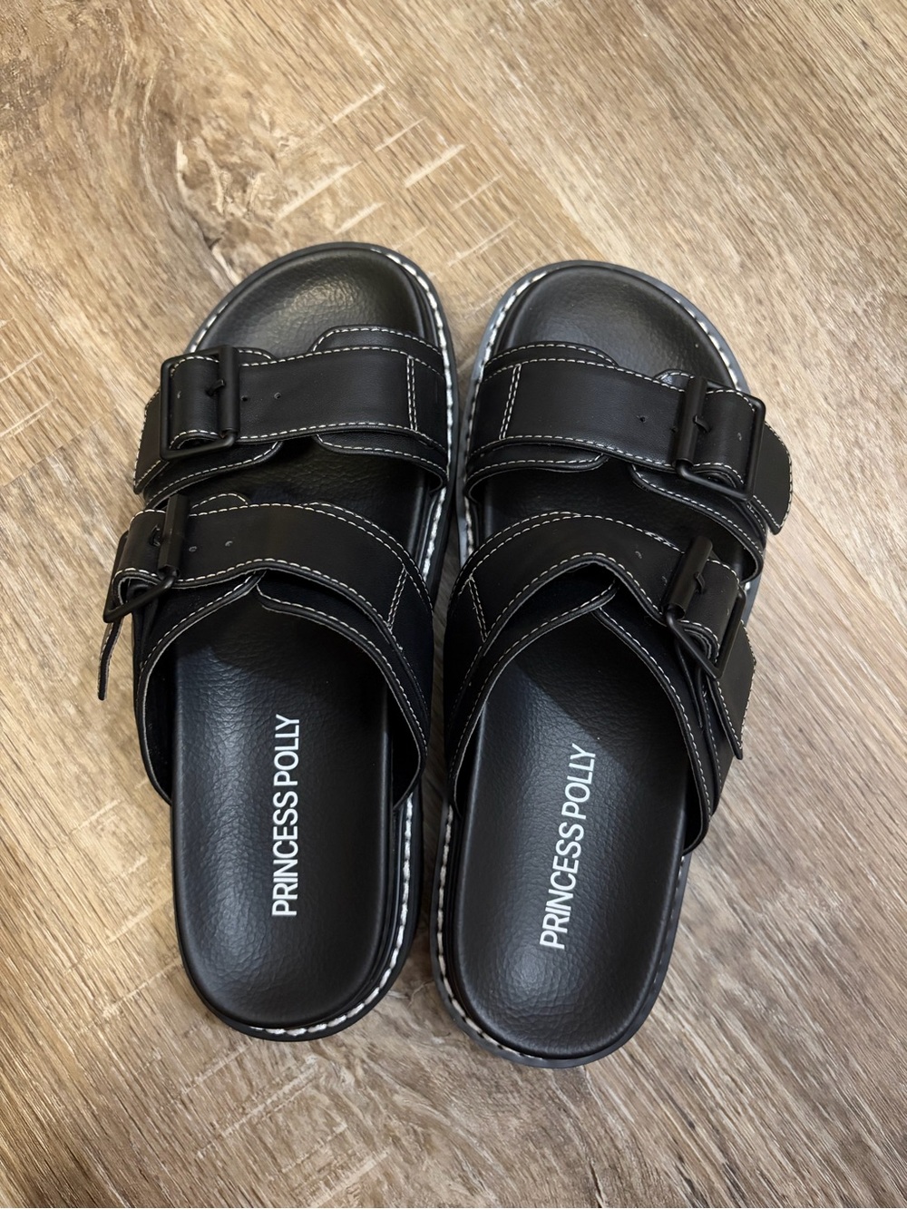 Princess Polly Black Double Buckle Slide Sandals - Picture 3 of 4